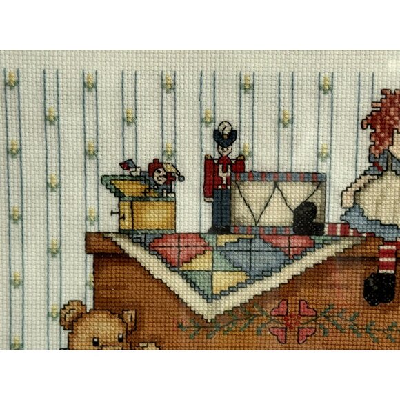 Completed Framed w Mat Cross Stitch Nursery Chest Raggety Ann Teddy Vtg Toys - Picture 6 of 7